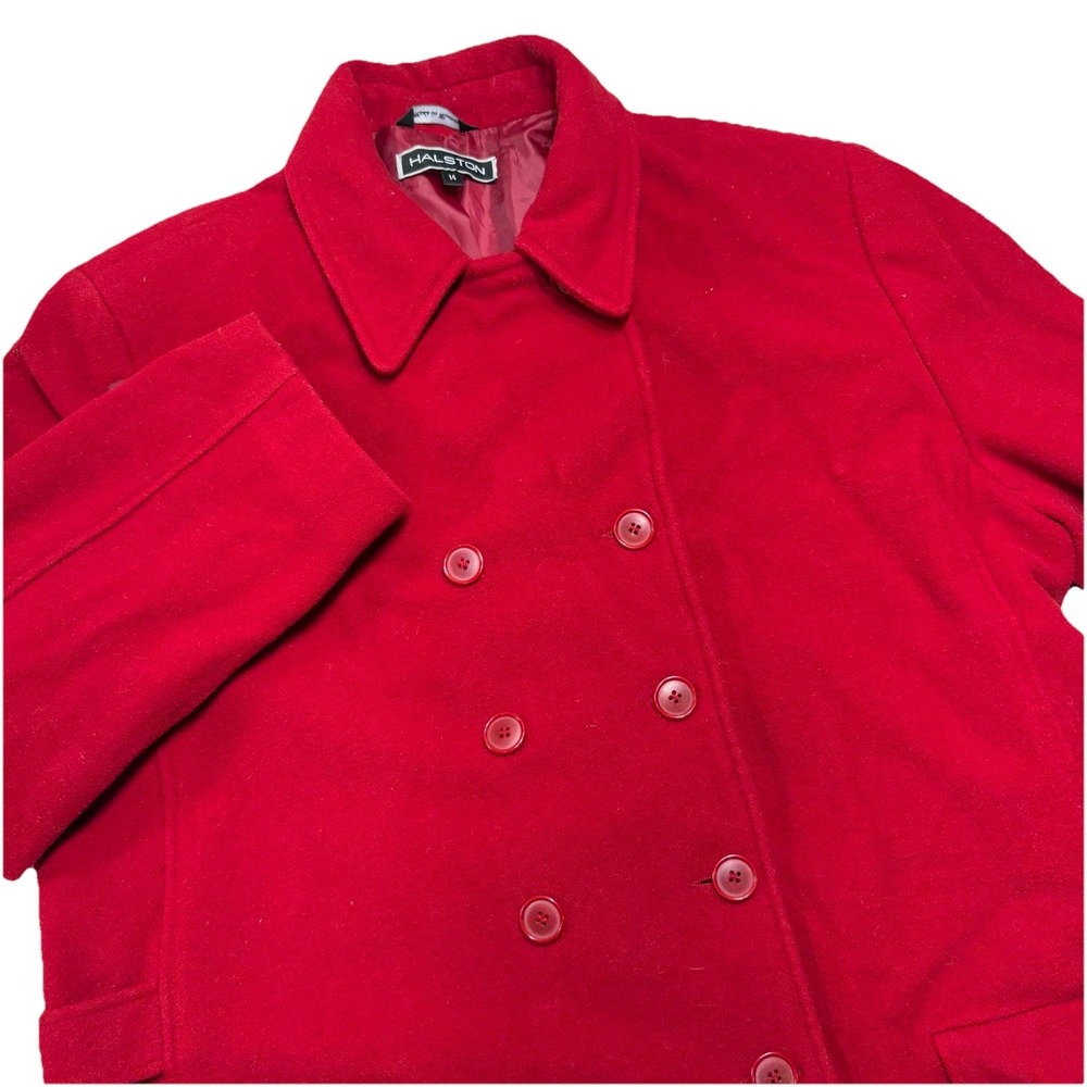 Halston 100% Wool Women's 14 Pea‎ Coat Double Breast Red Tweed Old Money Classic